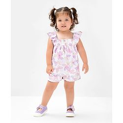 Bonfino Sleeveless Butterflies Printed & Smocking Detailed Top & Shorts Co-Ord Set - Light Pink