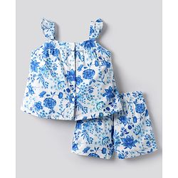 Bonfino Viscose Woven Sleeveless Front Open Top & Shorts Co-Ord Set With Floral Print - Blue