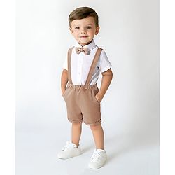 Bonfino Woven Half Sleeves Solid Colour Shirt & Shorts Set with Bow & Suspender - Tan & Off White