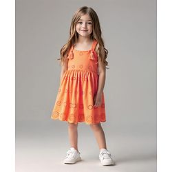 Bonfino 100% Cotton Woven Singlet Sleeves A Line Schiffli Dress With Bow Applique -Orange