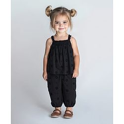 Bonfino 100% Cotton Woven Sleeveless Co-ords Schiffili Top & Lounge Pant Set - Black