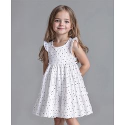 Bonfino Woven Frill Sleeves Polka Dots Printed Tiered Flared Dress - White