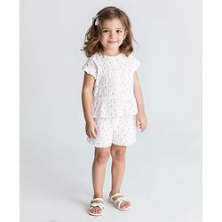 Bonfino Woven Half Sleeves Front Open Top & Short Set With Polka Dot Print - White & Pink
