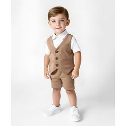 Bonfino Woven Half Sleeves Solid Colour 3 Piece Party Suit - Beige & White