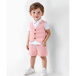 Bonfino Woven Half Sleeves Solid Colour 3 Piece Party Suit - Pink & White