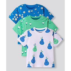Bonfino Cotton Knit Half Sleeves T-Shirt with Floral Print Pack of 3 - Blue Green & White
