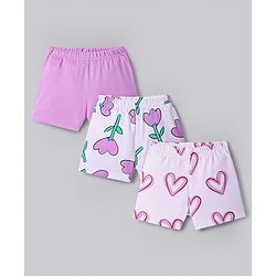 Bonfino 100% Cotton Knit Shorts With Floral and Heart Print Pack of 3 - White & Pink