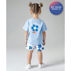 Bonfino Cotton Knit Half Sleeves T-Shirt & Shorts Set With Floral Print - Light Blue & White