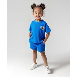 Bonfino Cotton Knit Half Sleeves T-Shirt & Shorts Set With Heart Embroidery & Embossed Print - Blue