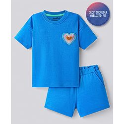 Bonfino Cotton Knit Half Sleeves T-Shirt & Shorts Set With Heart Embroidery & Embossed Print - Blue