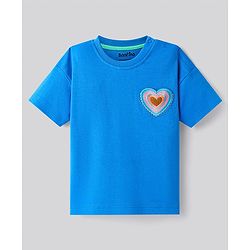Bonfino Cotton Knit Half Sleeves T-Shirt & Shorts Set With Heart Embroidery & Embossed Print - Blue