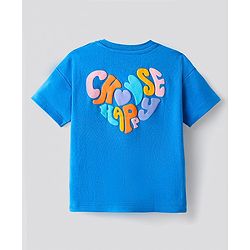 Bonfino Cotton Knit Half Sleeves T-Shirt & Shorts Set With Heart Embroidery & Embossed Print - Blue
