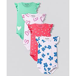 Bonfino Cotton Knit Frill Sleeves Onesies with Floral & Hearts Print Pack of 4 - Pink White & Green