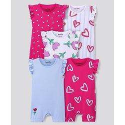 Bonfino 100 % Cotton Knit Frill Sleeves Rompers with Hearts & Floral Print Pack of 5 - Dark Pink White & Light Blue