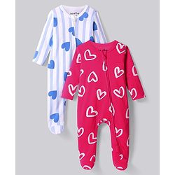 Bonfino 100% Cotton Knit Full Sleeves Footed Sleep Suits With Heart Print Pack of 2 - White & Dark Pink