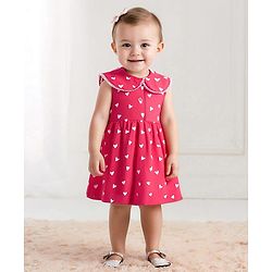 Bonfino Cotton Knit Sleeveless Peter Pan Collar Dress With Bloomer & Heart Print - Red