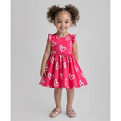Bonfino Cotton Knit Frill Sleeves Frock with Heart Print - Red