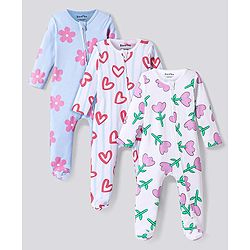 Bonfino 100% Cotton Knit Full Sleeves Footed Sleep Suits With Floral & Heart Print Pack of 3 - White & Light Blue