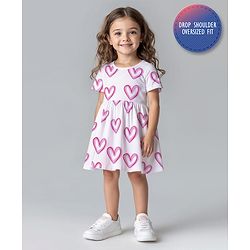 Bonfino Cotton Knit Half Drop Shoulder Sleeves Dress With Heart Print - White