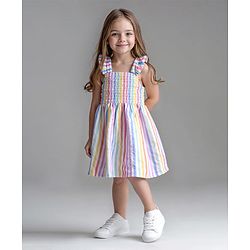 Bonfino Cotton Woven Frill Sleeves Striped Frock - Multicolour