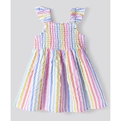 Bonfino Cotton Woven Frill Sleeves Striped Frock - Multicolour