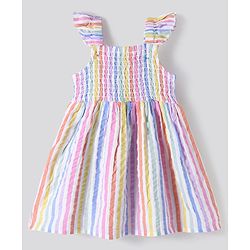 Bonfino Cotton Woven Frill Sleeves Striped Frock - Multicolour
