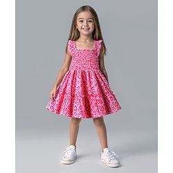 Bonfino Cotton Woven Sleeveless Frock With Heart Print & Smocking Detailing - Dark Pink