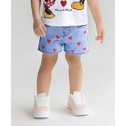Bonfino Cotton Lycra Denim Woven Shorts With Hearts Embroidery - Light Blue