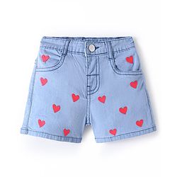 Bonfino Cotton Lycra Denim Woven Shorts With Hearts Embroidery - Light Blue