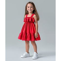Bonfino 100% Cotton Woven Singlet Sleeves Strappy Schiffli Frock - Red
