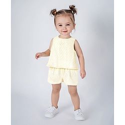 Bonfino 100% Cotton Knit Sleeveless Co-ords Schiffili Top & Shorts Set - White