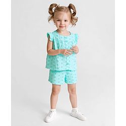 Bonfino 100% Cotton Woven Frill Sleeves Co-ords Schiffili Top & Shorts Set - Light Blue