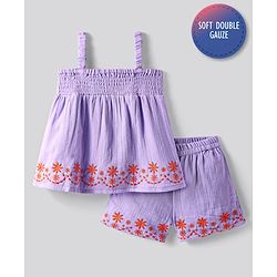 Bonfino 100% Cotton Knit Singlet Sleeves Smoke Detailed Top & Shorts Set with Floral Embroidery - Lilac