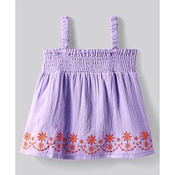 Bonfino 100% Cotton Knit Singlet Sleeves Smoke Detailed Top & Shorts Set with Floral Embroidery - Lilac