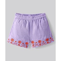 Bonfino 100% Cotton Knit Singlet Sleeves Smoke Detailed Top & Shorts Set with Floral Embroidery - Lilac
