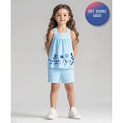 Bonfino 100% Cotton Knit Singlet Sleeves Top & Shorts Set with Floral Embroidery - Light Blue