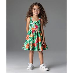 Bonfino Rayon Woven Sleeveless Frock With Tropical Print - Green