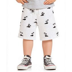 Bonfino Cotton Crinkle Double Gauze Woven Knee Length Shorts with Beach Theme Print - Off White