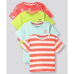 Bonfino Cotton Knit Half Sleeves Over Sized T-Shirt with Stripes & Fruit Print Pack of 4 - Multicolor