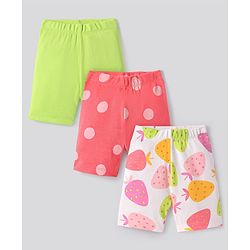 Bonfino 100% Cotton Knit Above Knee Length Shorts With Polka Dots and Fruit Print Pack of 3 - Neon Green & Pink