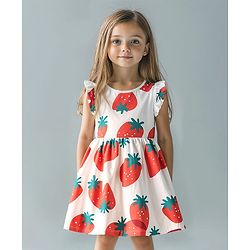 Bonfino 100% Cotton Knit Frill Sleeves Strawberry Printed Dress - White