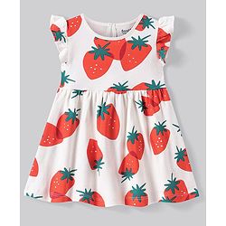Bonfino 100% Cotton Knit Frill Sleeves Strawberry Printed Dress - White