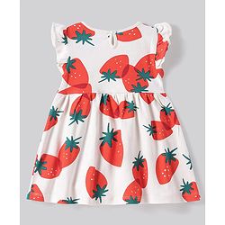 Bonfino 100% Cotton Knit Frill Sleeves Strawberry Printed Dress - White