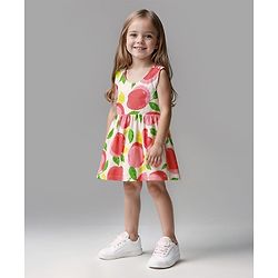 Bonfino 100% Cotton Knit Sleeveless Apple Printed Dress - White