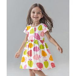 Bonfino Cotton Knit Half Sleeves Dress With Fruit Print - White