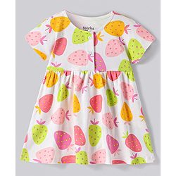 Bonfino Cotton Knit Half Sleeves Dress With Fruit Print - White