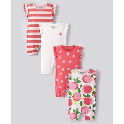 Bonfino 100% Cotton Knit Frill Sleeves Rompers with Stripes & Polka Dots Fruits Print Pack of 4 - White & Peach