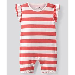 Bonfino 100% Cotton Knit Frill Sleeves Rompers with Stripes & Polka Dots Fruits Print Pack of 4 - White & Peach