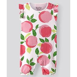 Bonfino 100% Cotton Knit Frill Sleeves Rompers with Stripes & Polka Dots Fruits Print Pack of 4 - White & Peach
