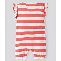 Bonfino 100% Cotton Knit Frill Sleeves Rompers with Stripes & Polka Dots Fruits Print Pack of 4 - White & Peach